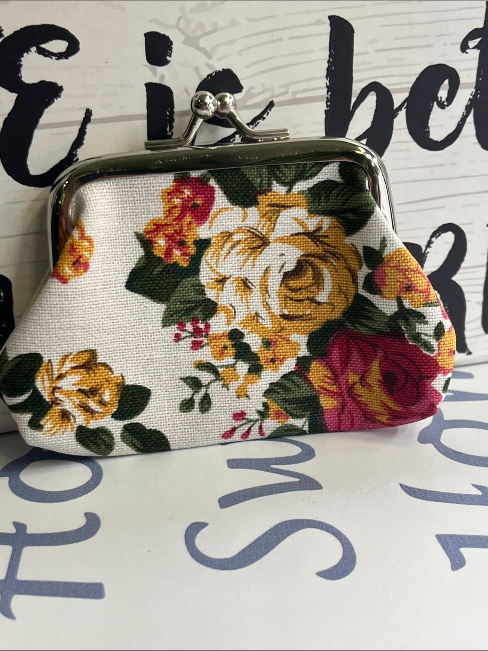 Floral Canvas Kiss-Lock Mini Coin Purse - Yellow & Pink